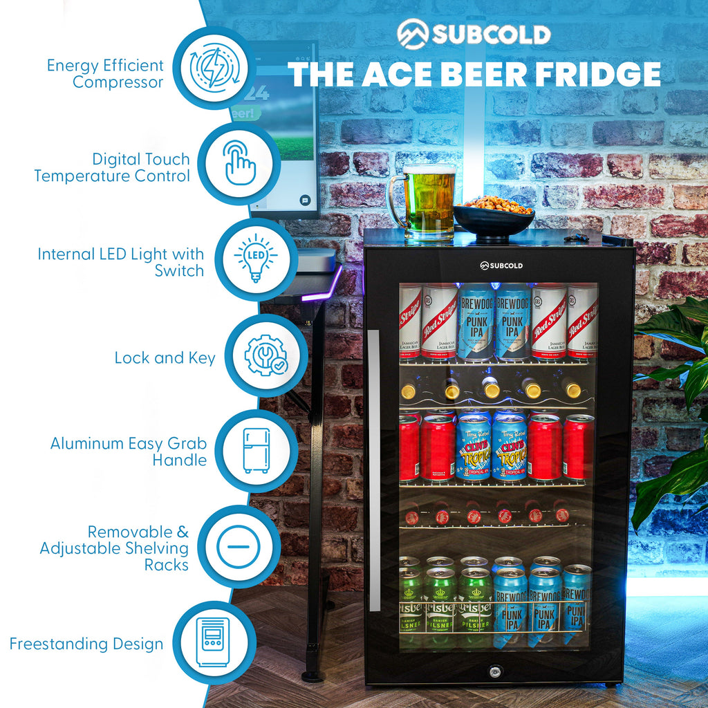 Subcold Ace beer fridge features: touch control, LED light, lock & key, adjustable racks