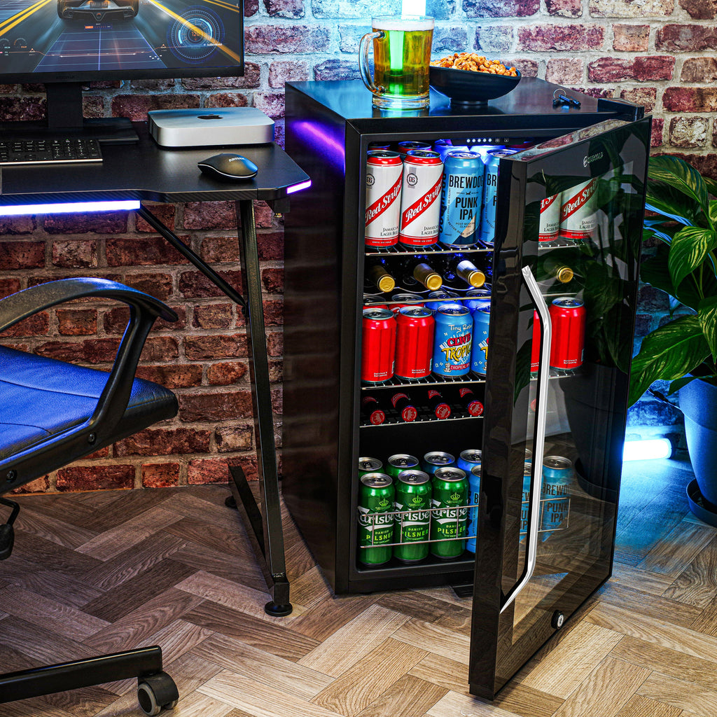 Black Subcold beer fridge with glass door and blue LED-lit can and bottle storage