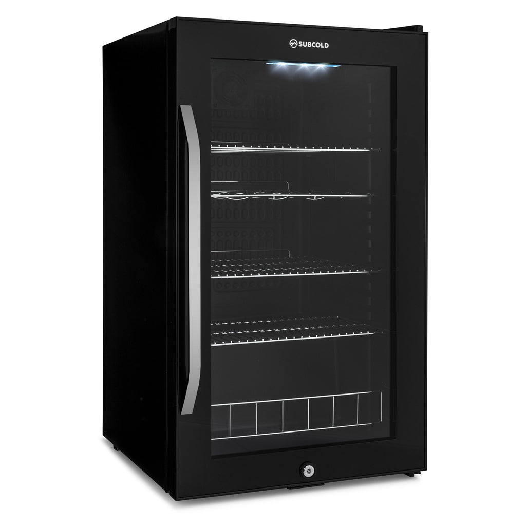 Black glass-door beer fridge with interior LED glow and adjustable wire shelves
