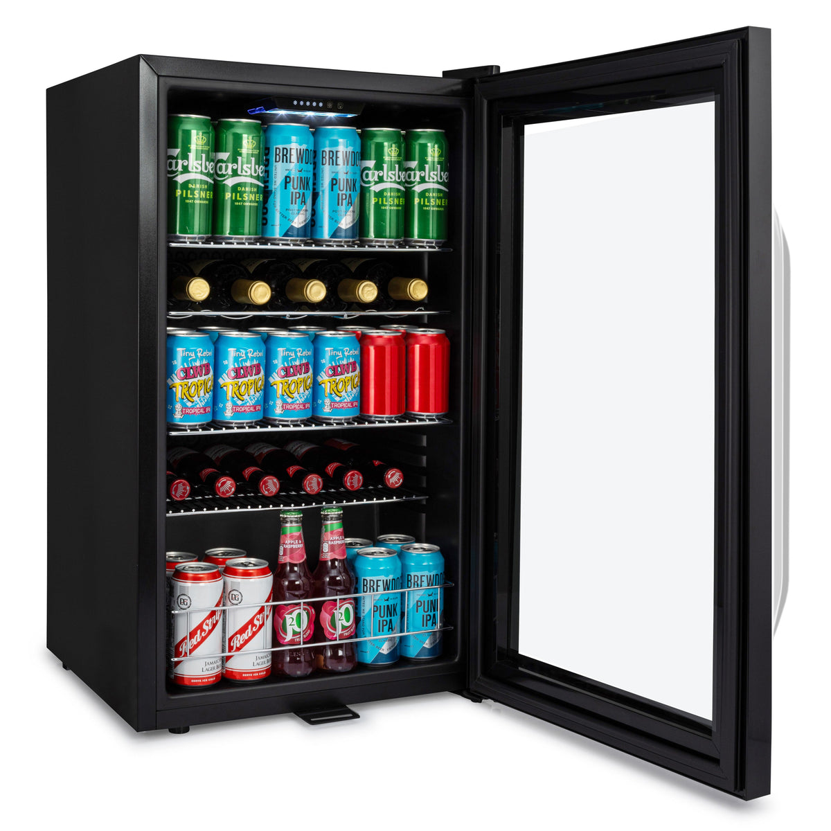 Black Subcold beer fridge with door open showing four interior racks