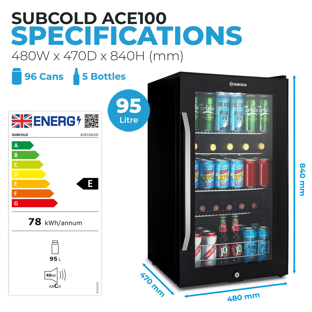 Subcold Ace100 specifications: 96 cans, 5 bottles, 480x470x840mm, 95-litre
