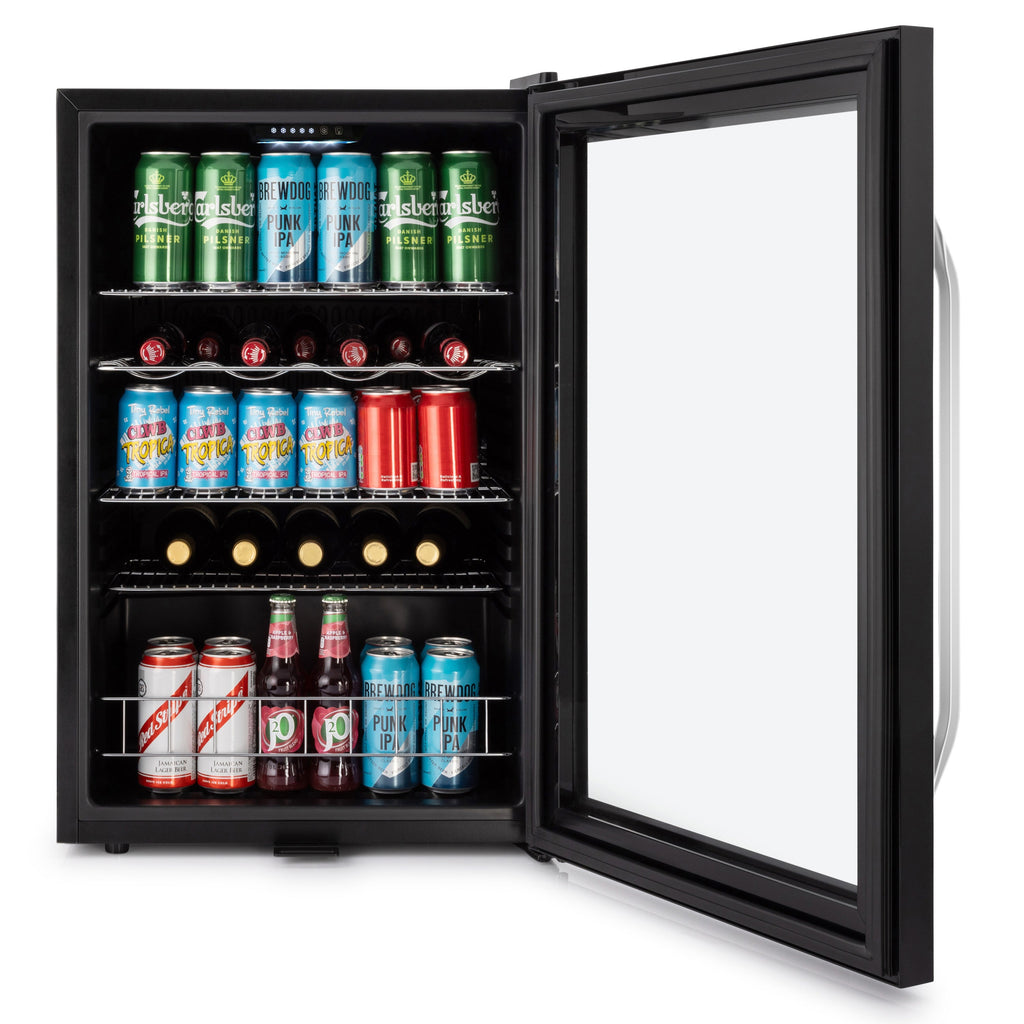 Black beer fridge with open door, rows of cans and bottles inside