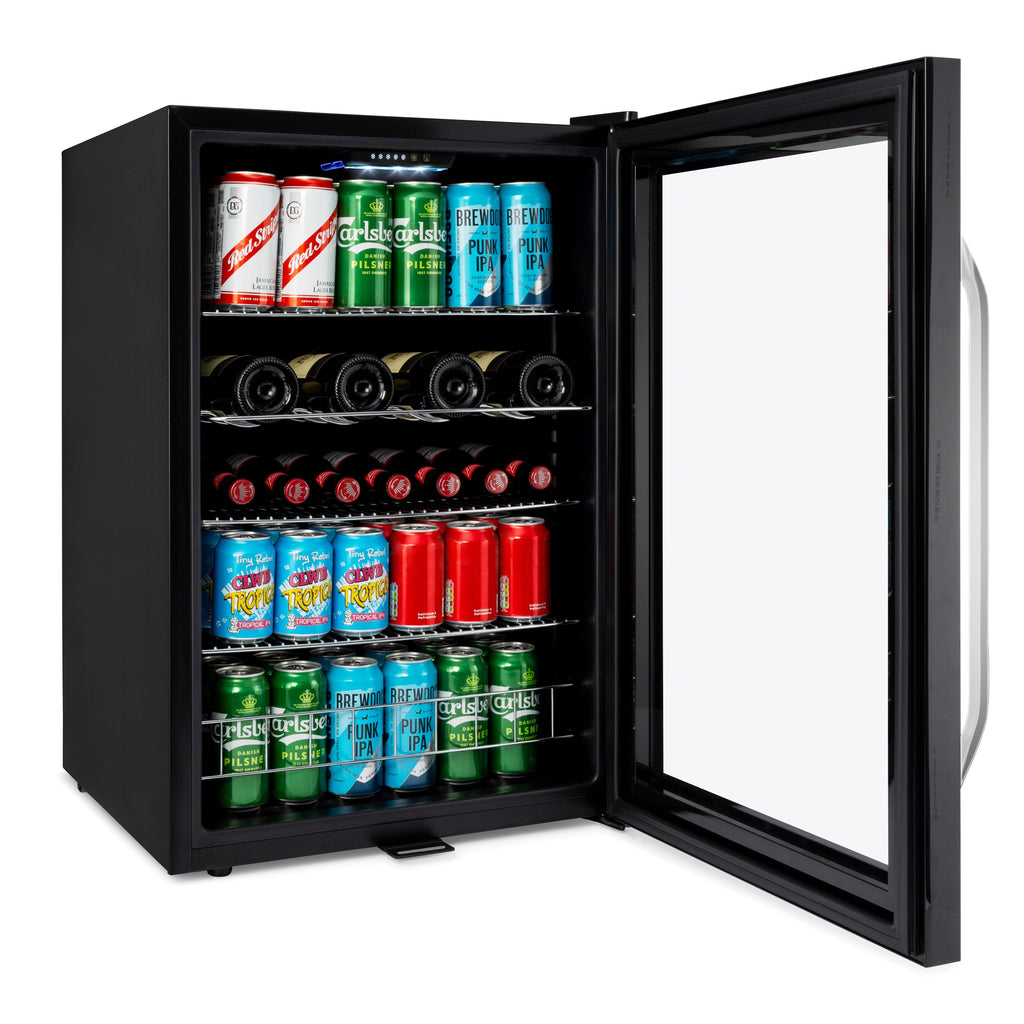 Black beer fridge with open door, empty white interior panel view, front three-quarter angle