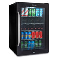 Black Subcold beer fridge with glass door, front view, LED-lit shelves of cans and bottles