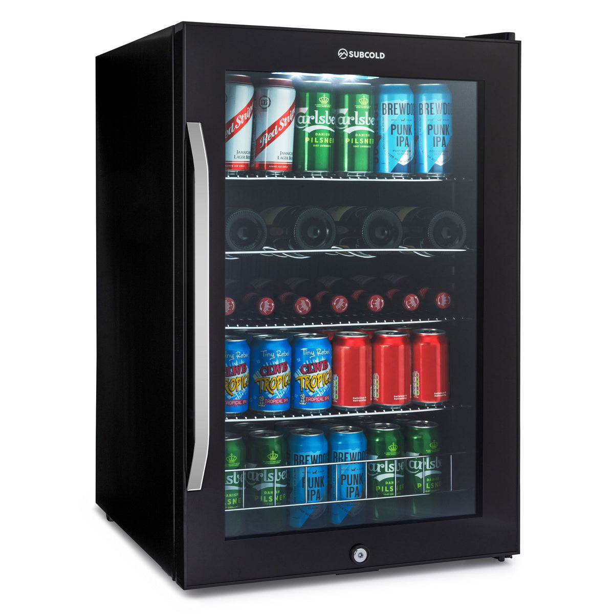 Black Subcold beer fridge with glass door, front view, LED-lit shelves of cans and bottles