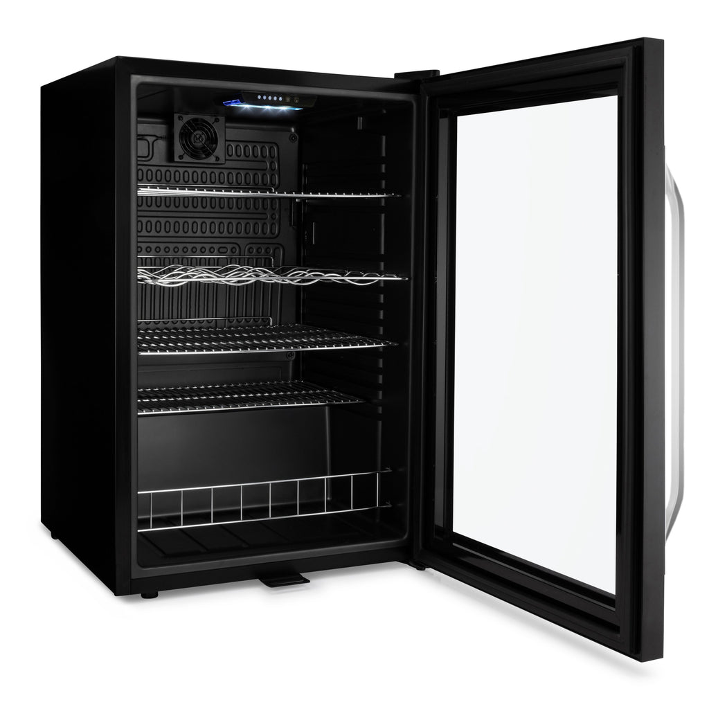 Black beer fridge interior with removable racks, glass door open, back fan and shelves visible