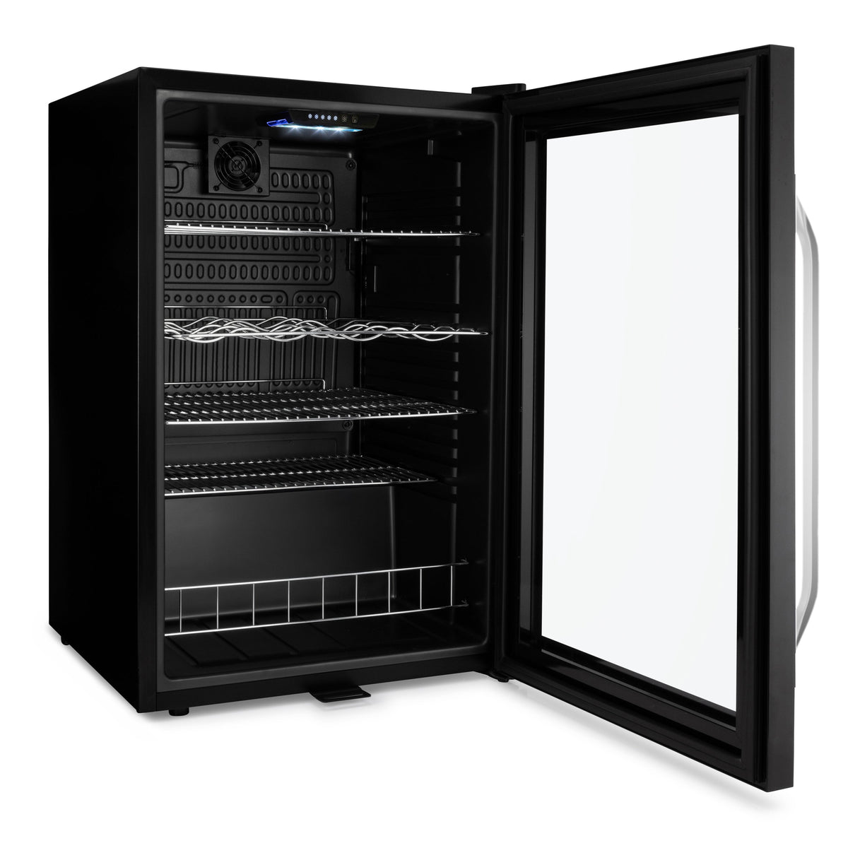 Black beer fridge interior with removable racks, glass door open, back fan and shelves visible