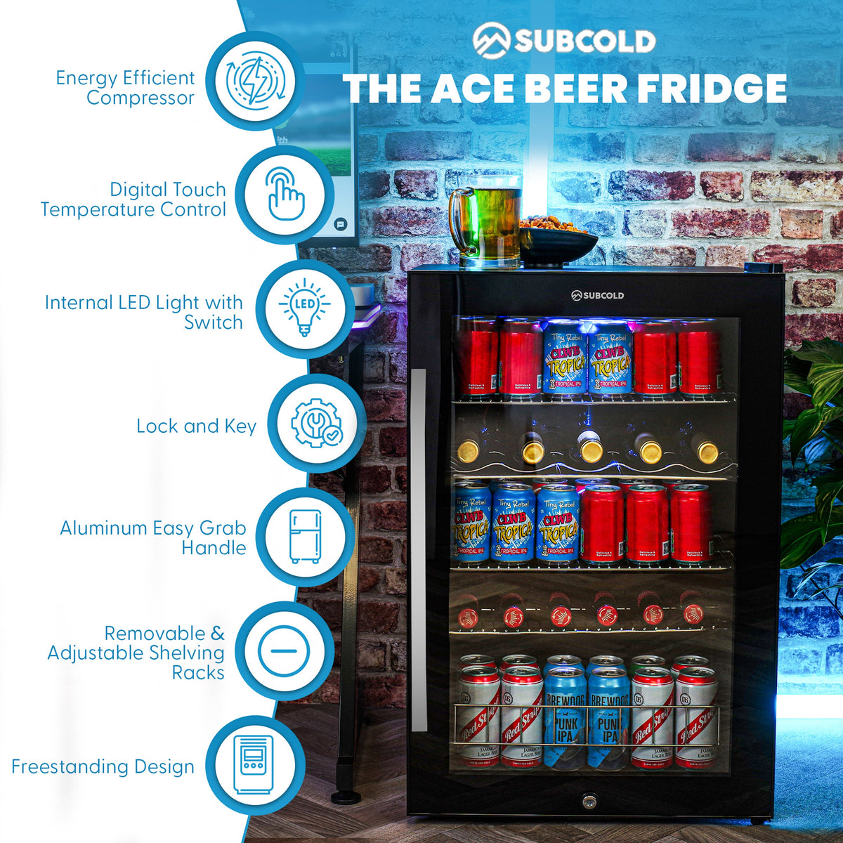 Subcold Ace beer fridge front with LED display and feature icons on left side