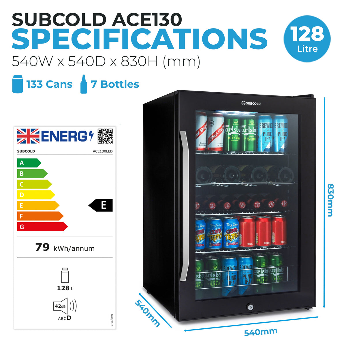 Ace130 beer fridge size and capacity diagram with product front view and dimensions