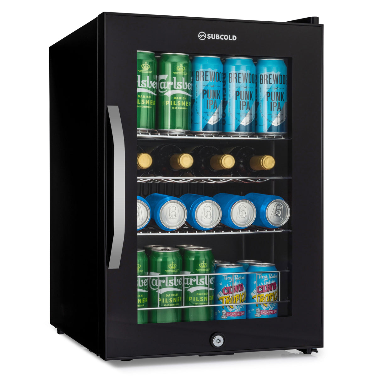 Black beer fridge with glass door, LED-lit interior display, assorted cans inside