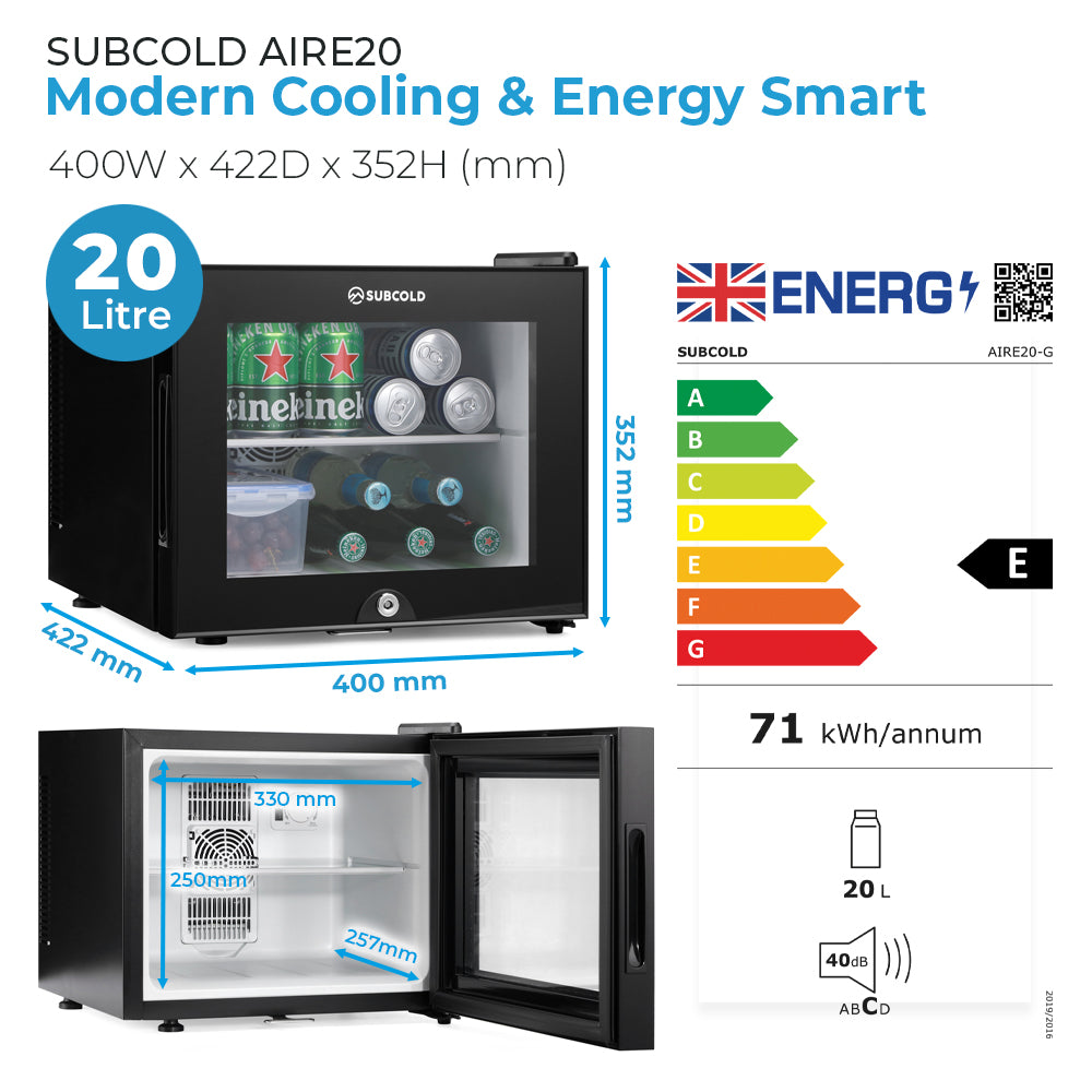Black mini fridge with front window and dimension graphic overlay