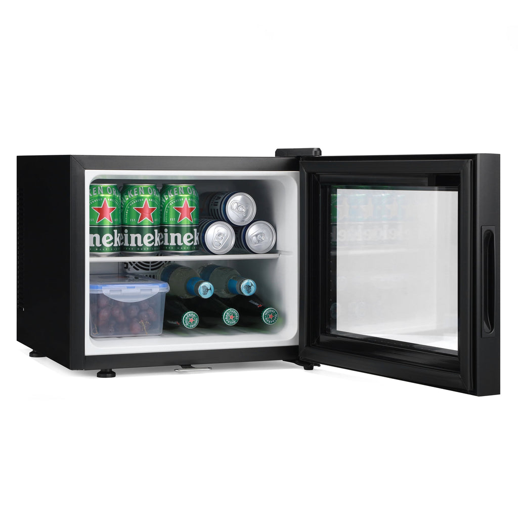 Black mini fridge with open door showing empty white interior compartment