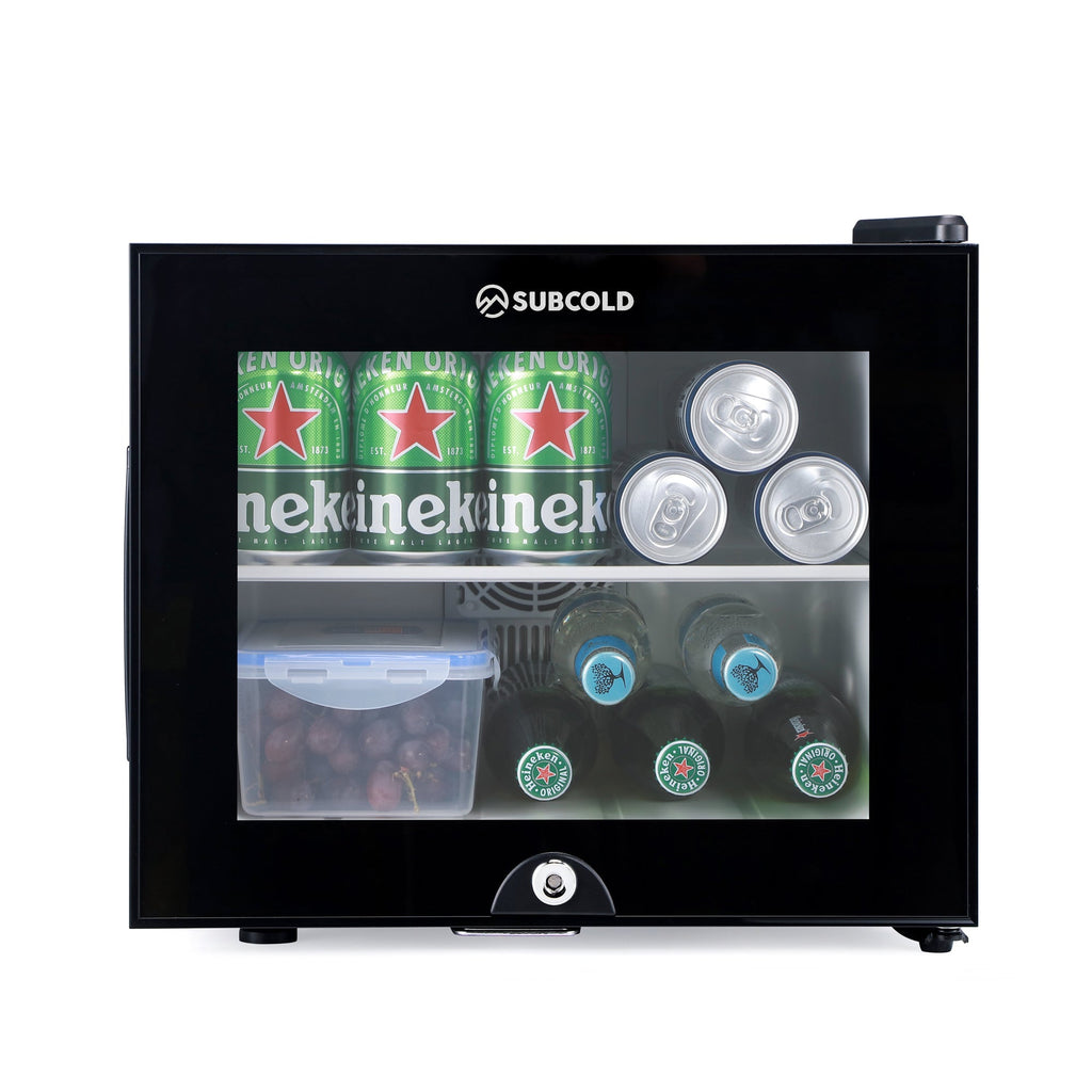 Black countertop mini fridge with lit interior window and beverage storage