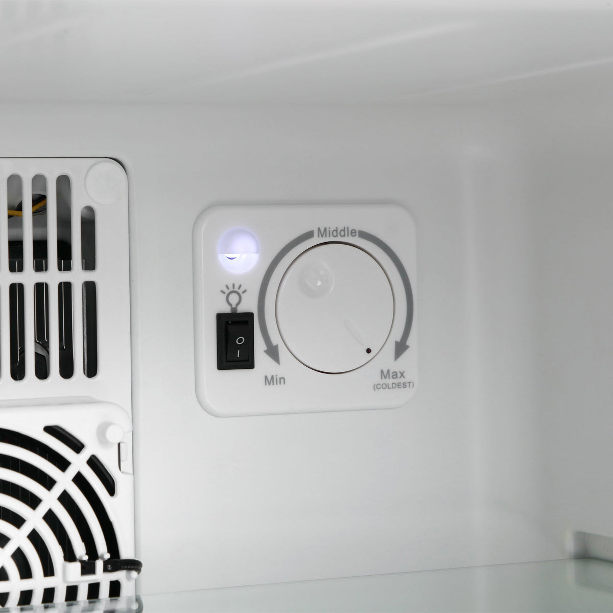 White mini refrigerator control panel with LED indicator and Min–Max dial