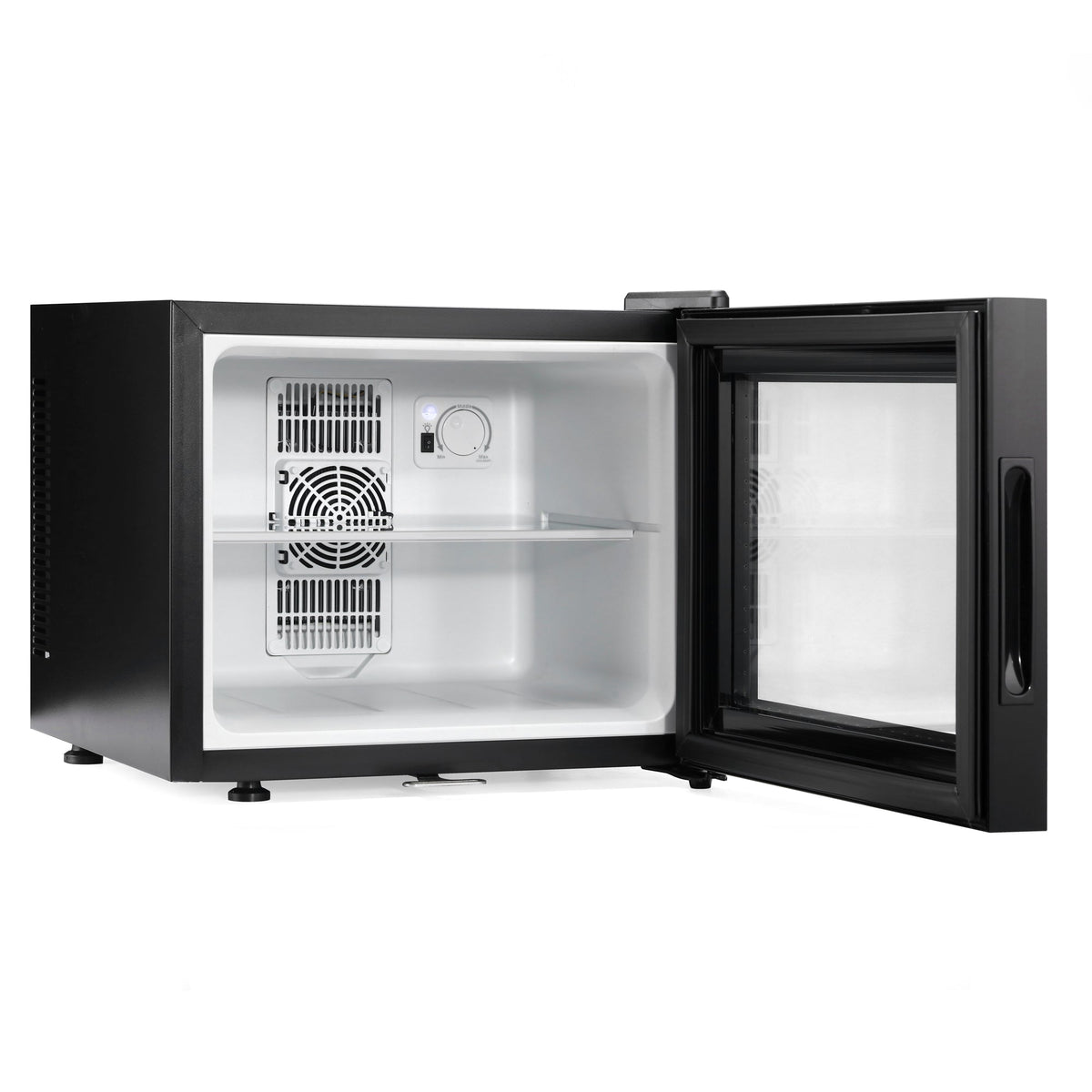 Black mini fridge with open door revealing white interior and cooling fan grill