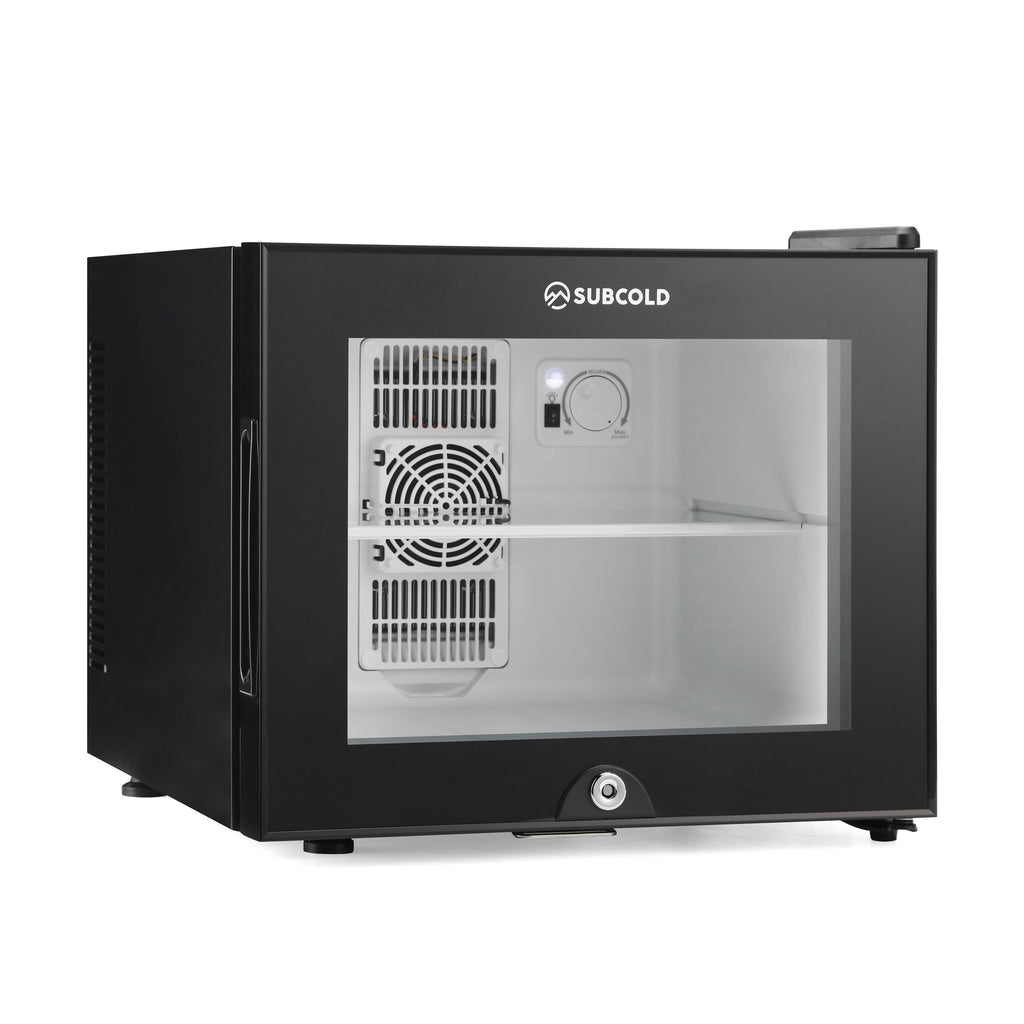 Black mini fridge side view with internal cooling fan grill visible