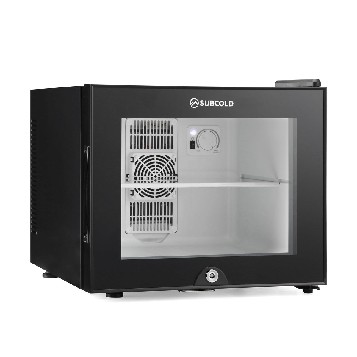 Black mini fridge side view with internal cooling fan grill visible