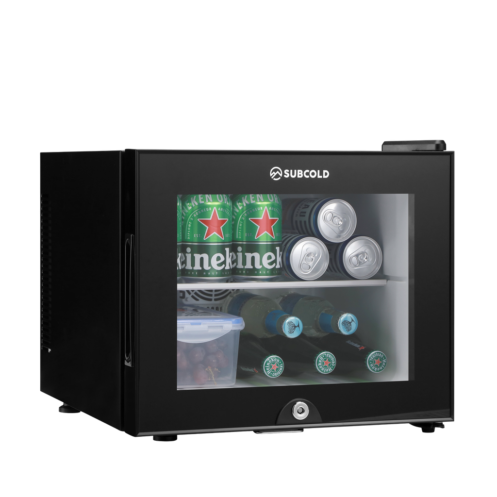 Black mini fridge with glass front window showing bottles and cans inside