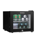 Black mini fridge with glass front window showing bottles and cans inside
