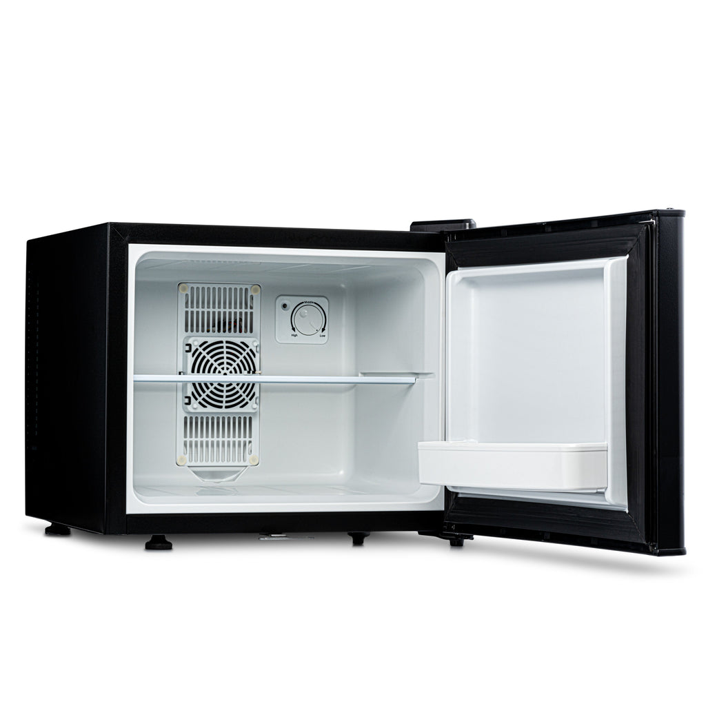 Black mini fridge with door open, empty white interior compartment