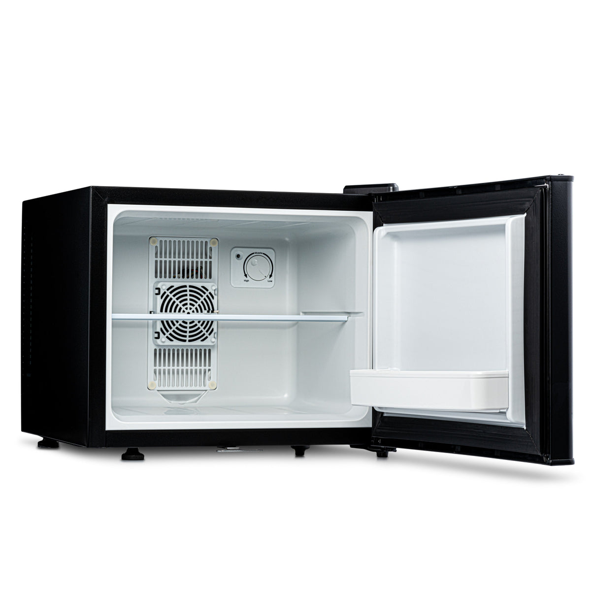 Black mini fridge with door open, empty white interior compartment
