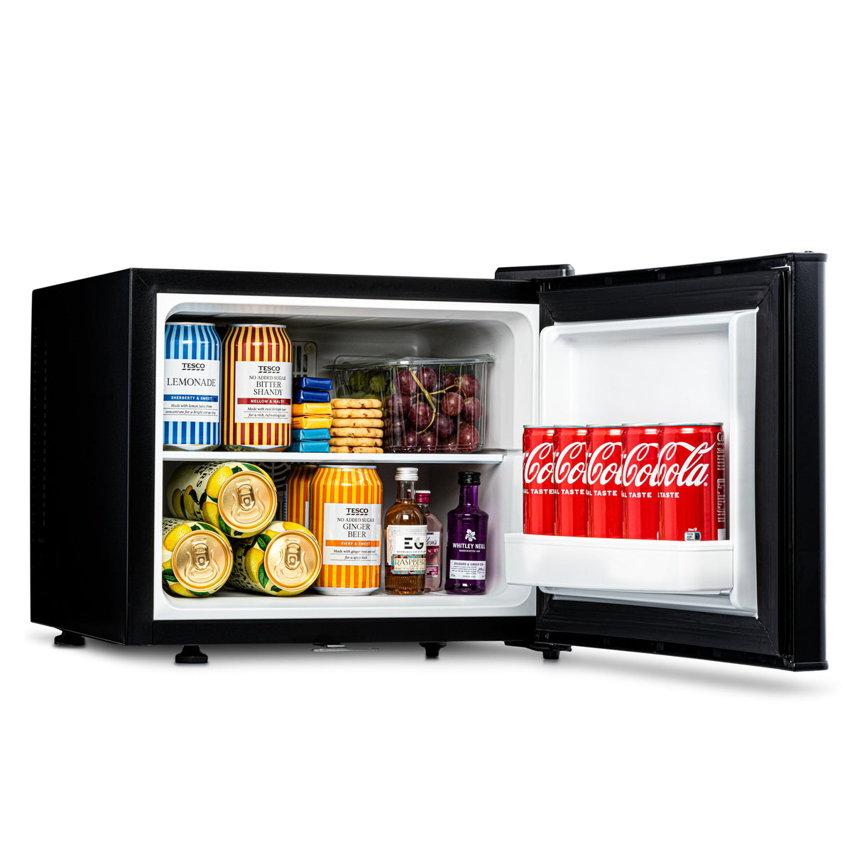 Black mini fridge with door open, stocked shelves with canned and bottled drinks