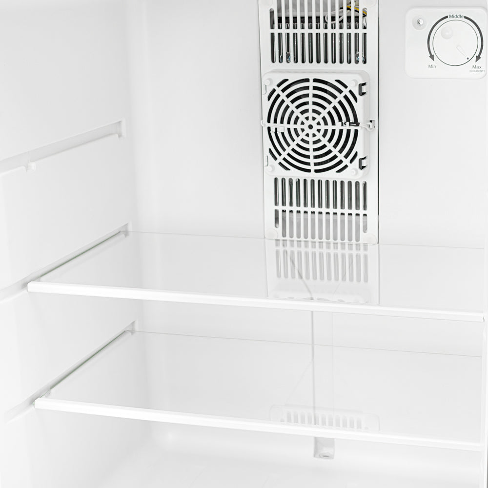 White interior mini fridge fan grille and adjustable temperature control dial