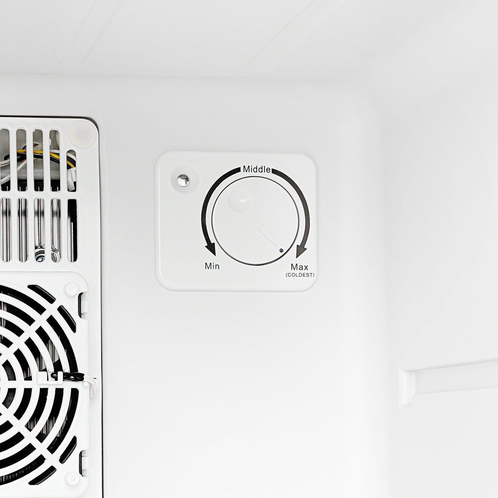 Mini fridge temperature knob labeled Min, Middle, and Max (closed interior view)