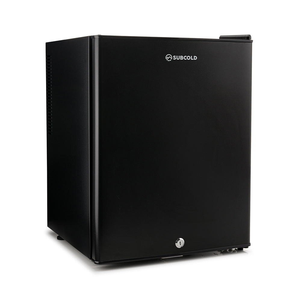 Black Subcold Aire40 LED mini fridge with hinged door, compact countertop design