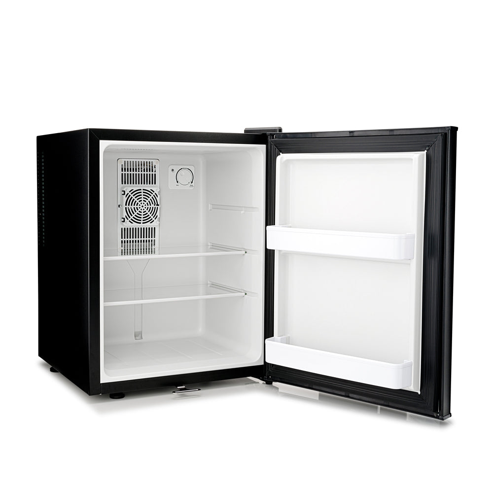 Black mini fridge with open doors and white interior shelves