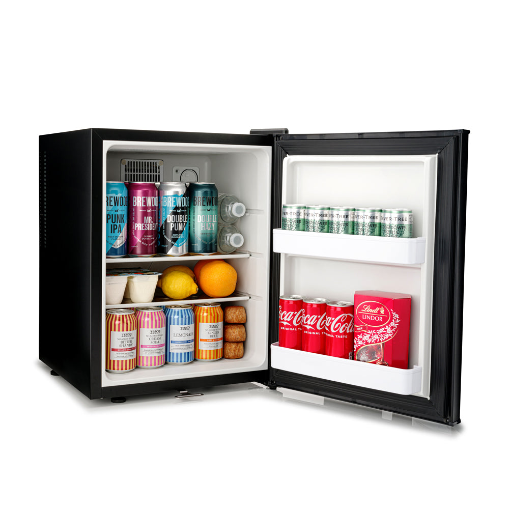 Black mini fridge open showing drinks, cans, and bottles on inner shelves