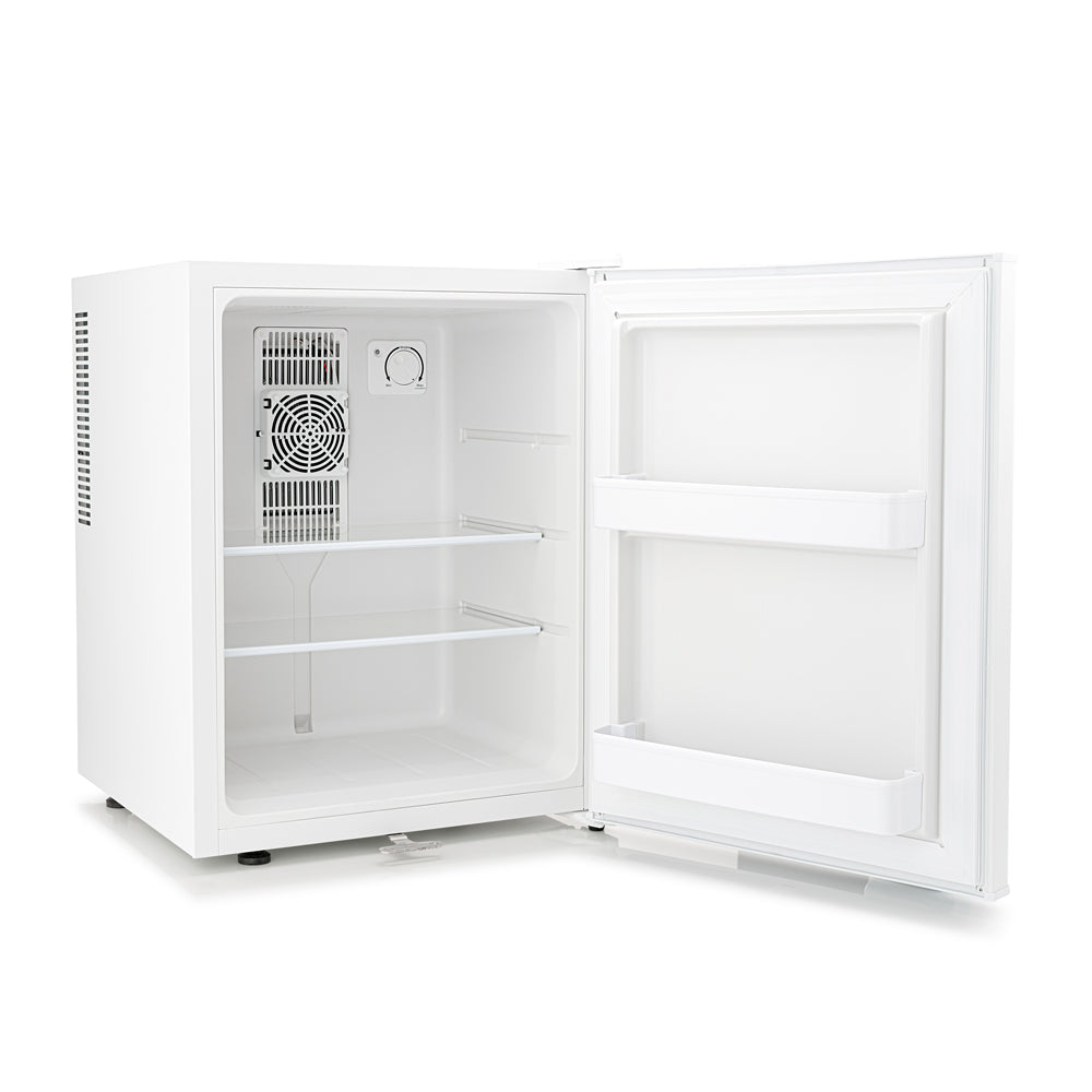 White mini fridge open showing fan vent and adjustable shelves