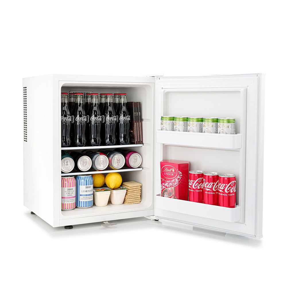 Open white mini fridge interior with two shelves and beverage section