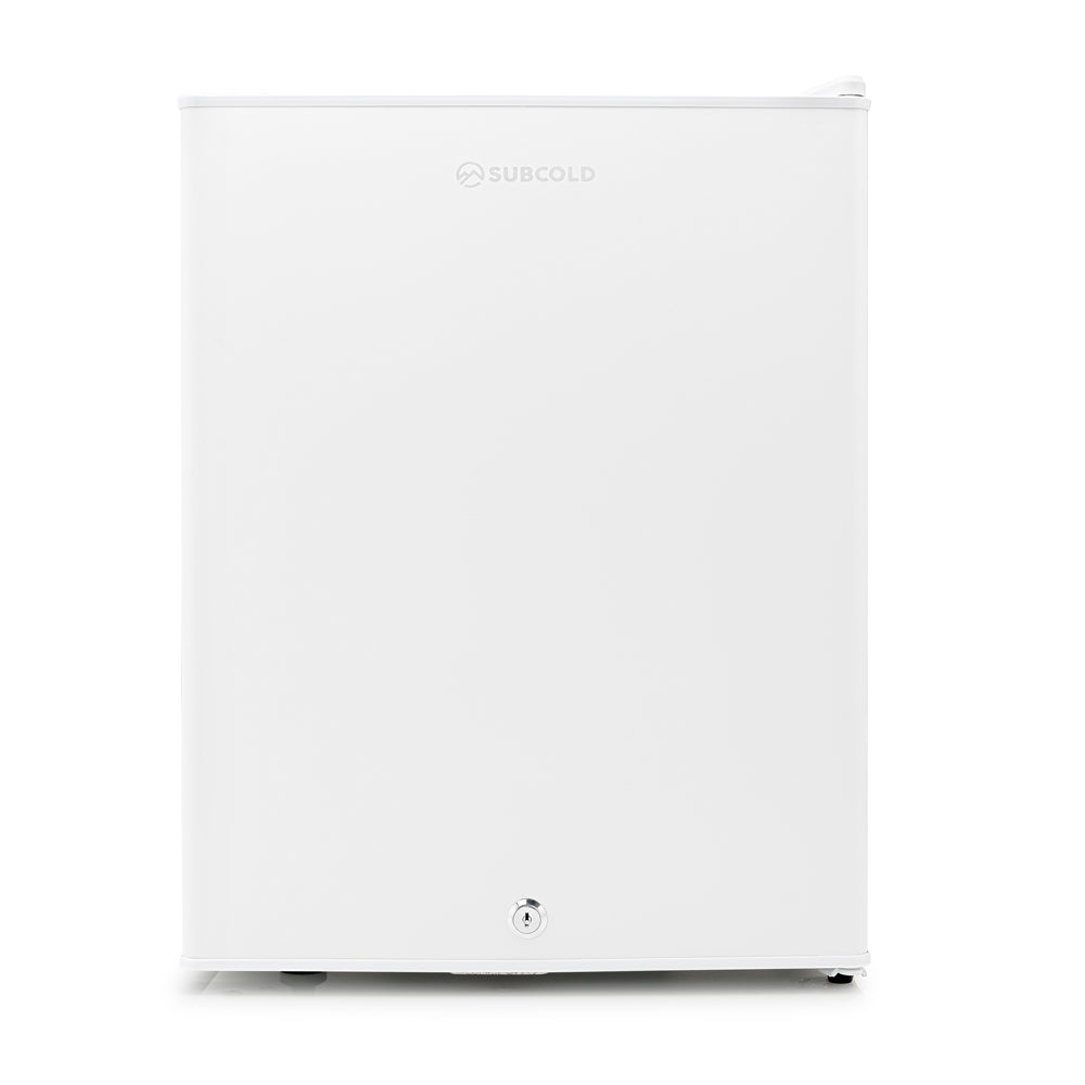 White mini fridge front view with lock and leveling feet