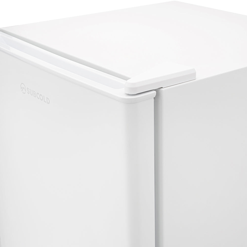 White mini fridge top corner with handle edge and air vents