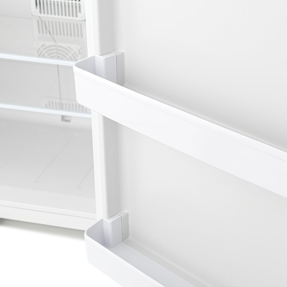 White mini fridge interior with shelves and removable door bins