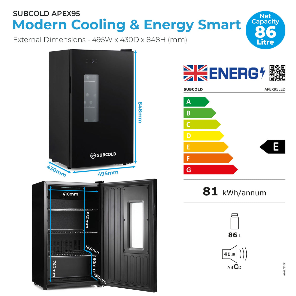 Apex95 beer fridge graphic showing dimensions and 86L net capacity