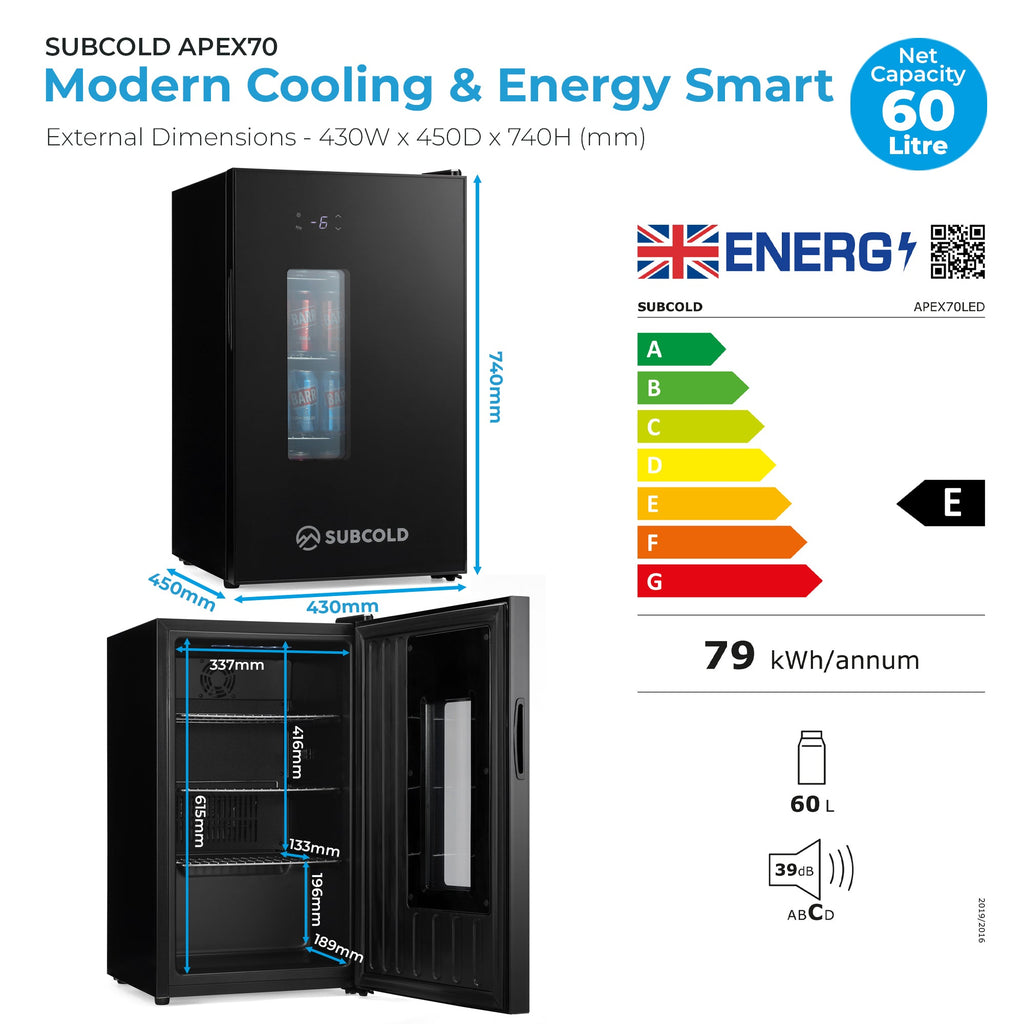 Apex70 beer fridge diagram showing 60 L net capacity and energy rating