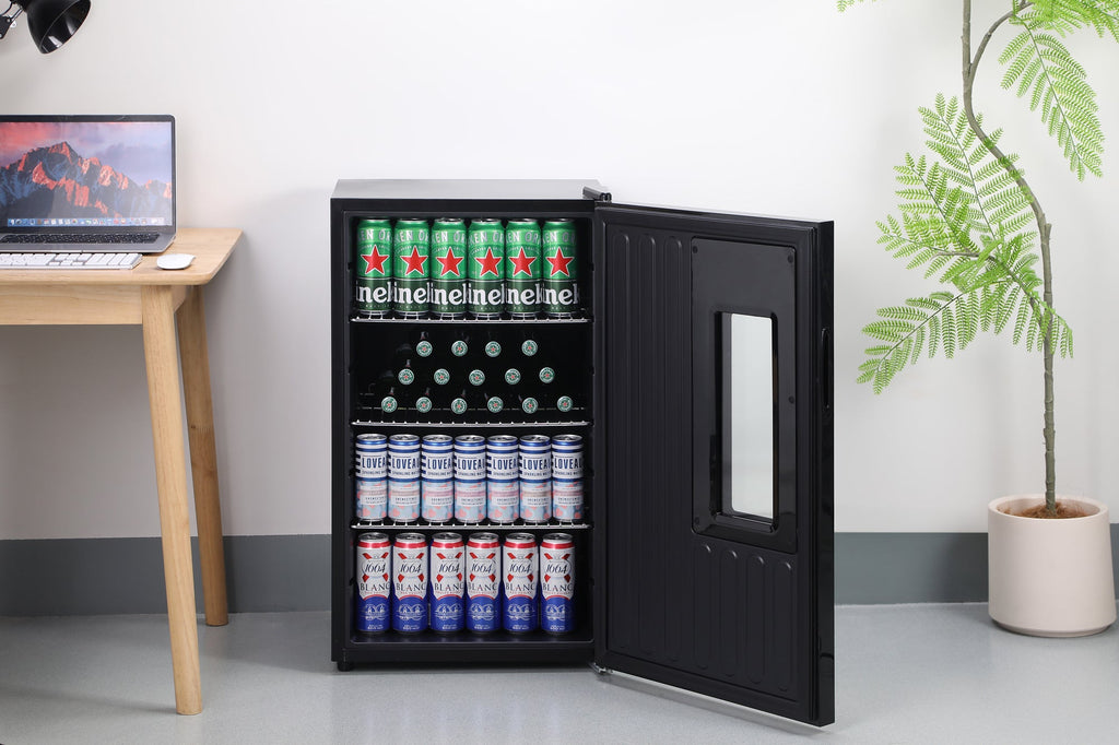 Black beer fridge with open door showing multiple rows of canned drinks