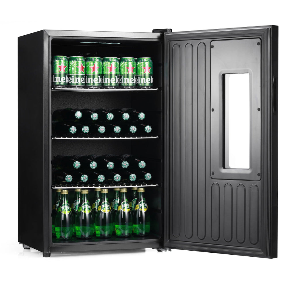 Freestanding beer fridge with open door, shelves, and rows of bottled drinks