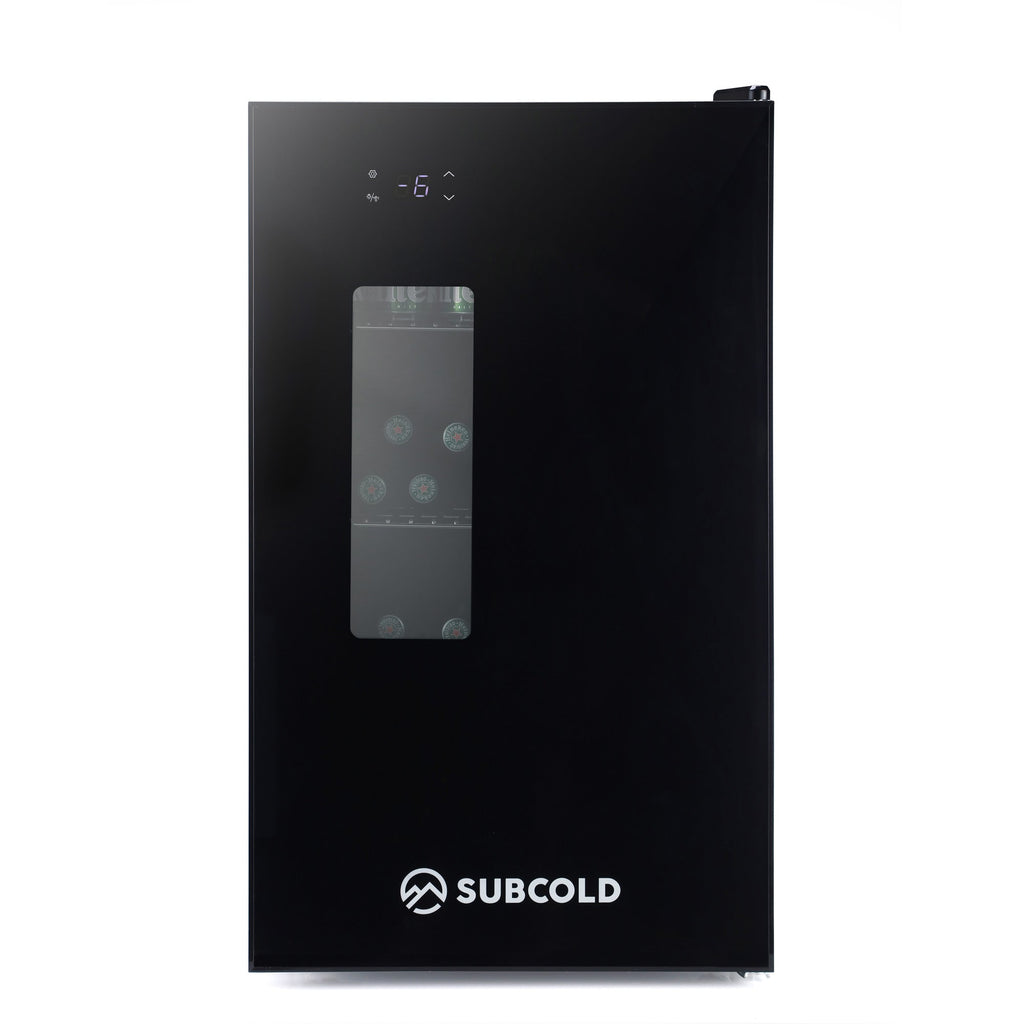 Black Subcold beer fridge front panel with digital temperature display