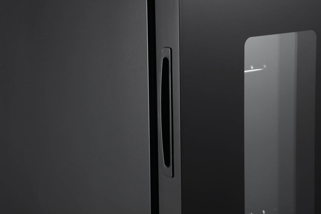 Black beverage fridge door with recessed handle and transparent window