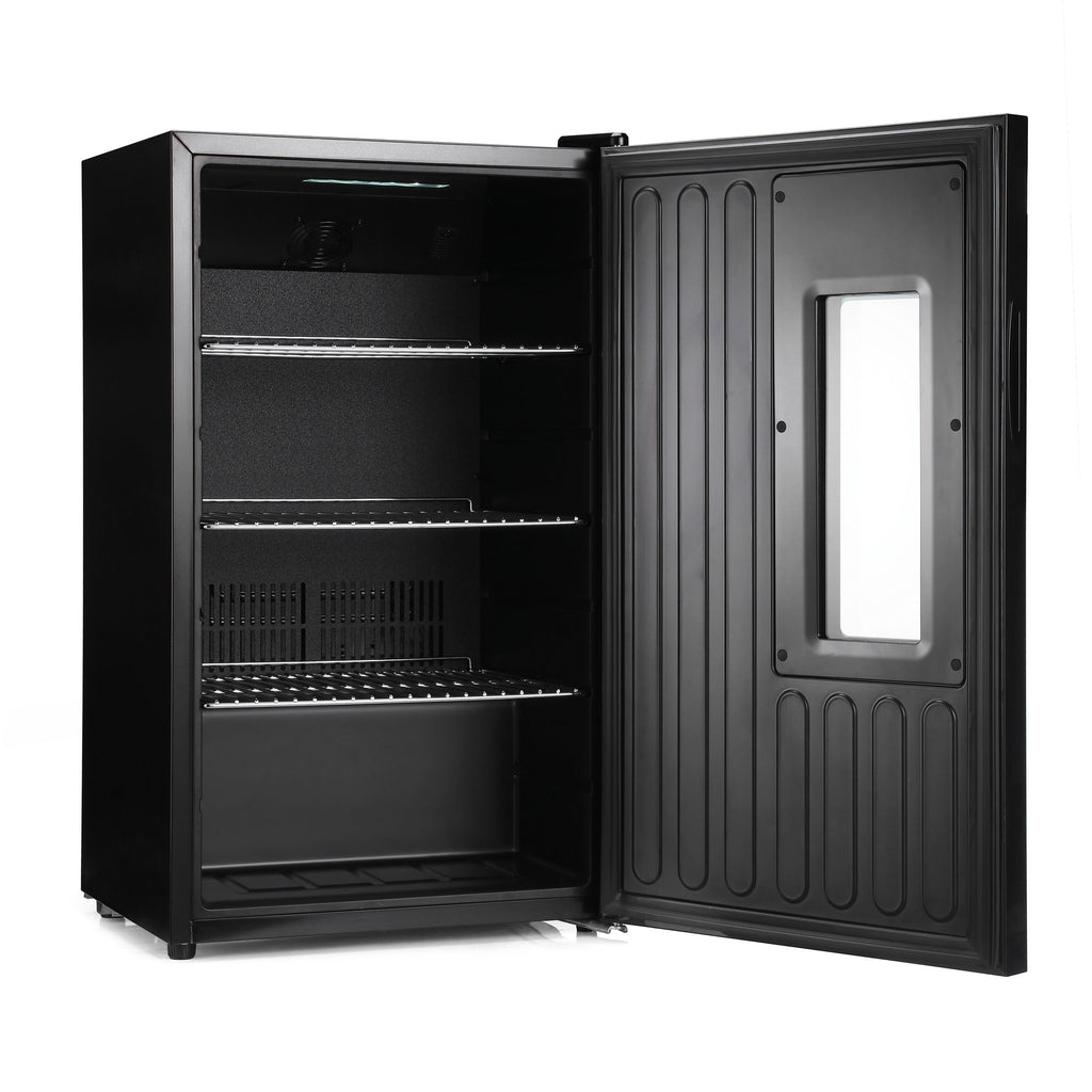 Open beer fridge with vented interior shelves and recessed door handle