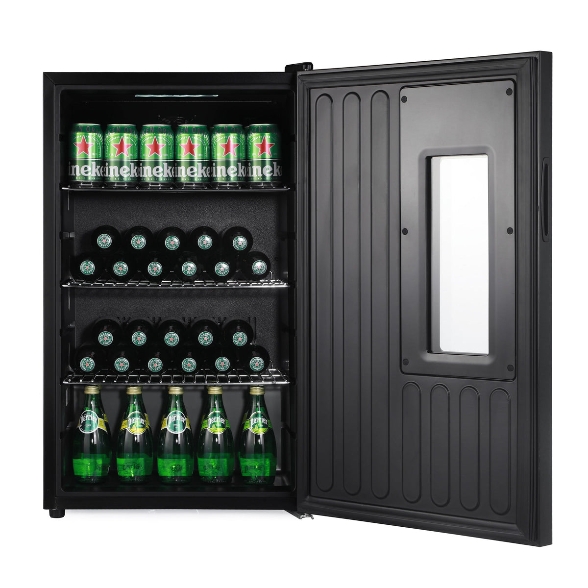 Black beer fridge with open door, rows of bottles and display light