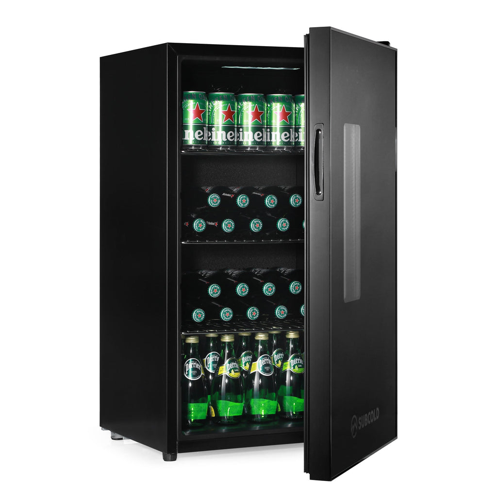 Black beer fridge open, clear shelves holding green glass bottles