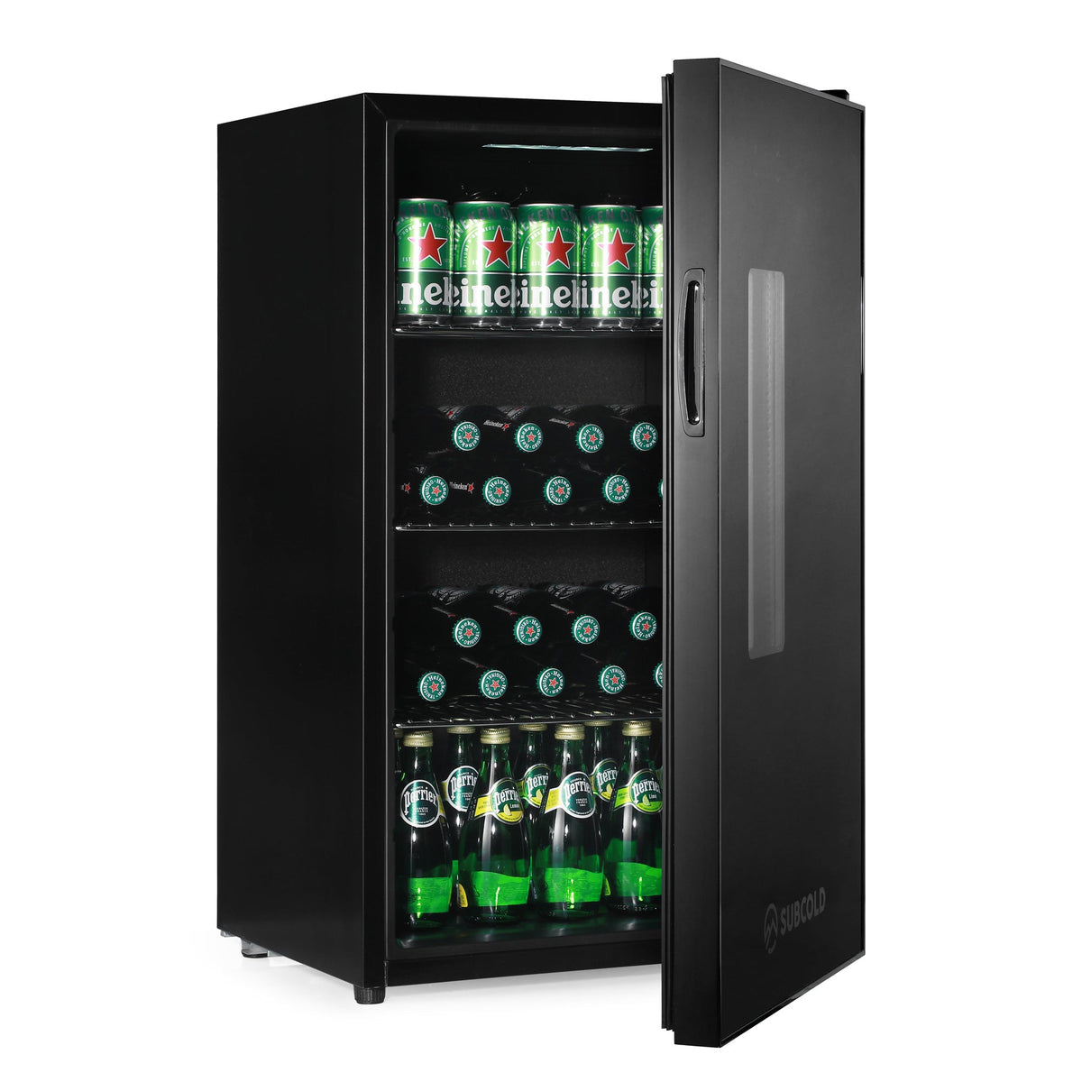 Black beer fridge open, clear shelves holding green glass bottles
