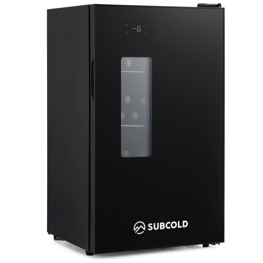 Black beverage fridge with glass door and digital temperature display