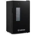 Black beverage fridge with glass door and digital temperature display