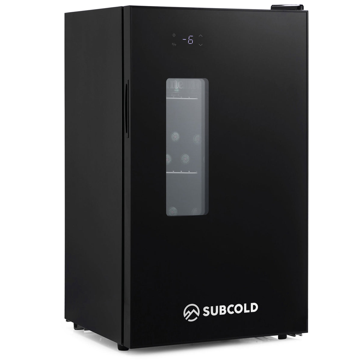 Black beverage fridge with glass door and digital temperature display