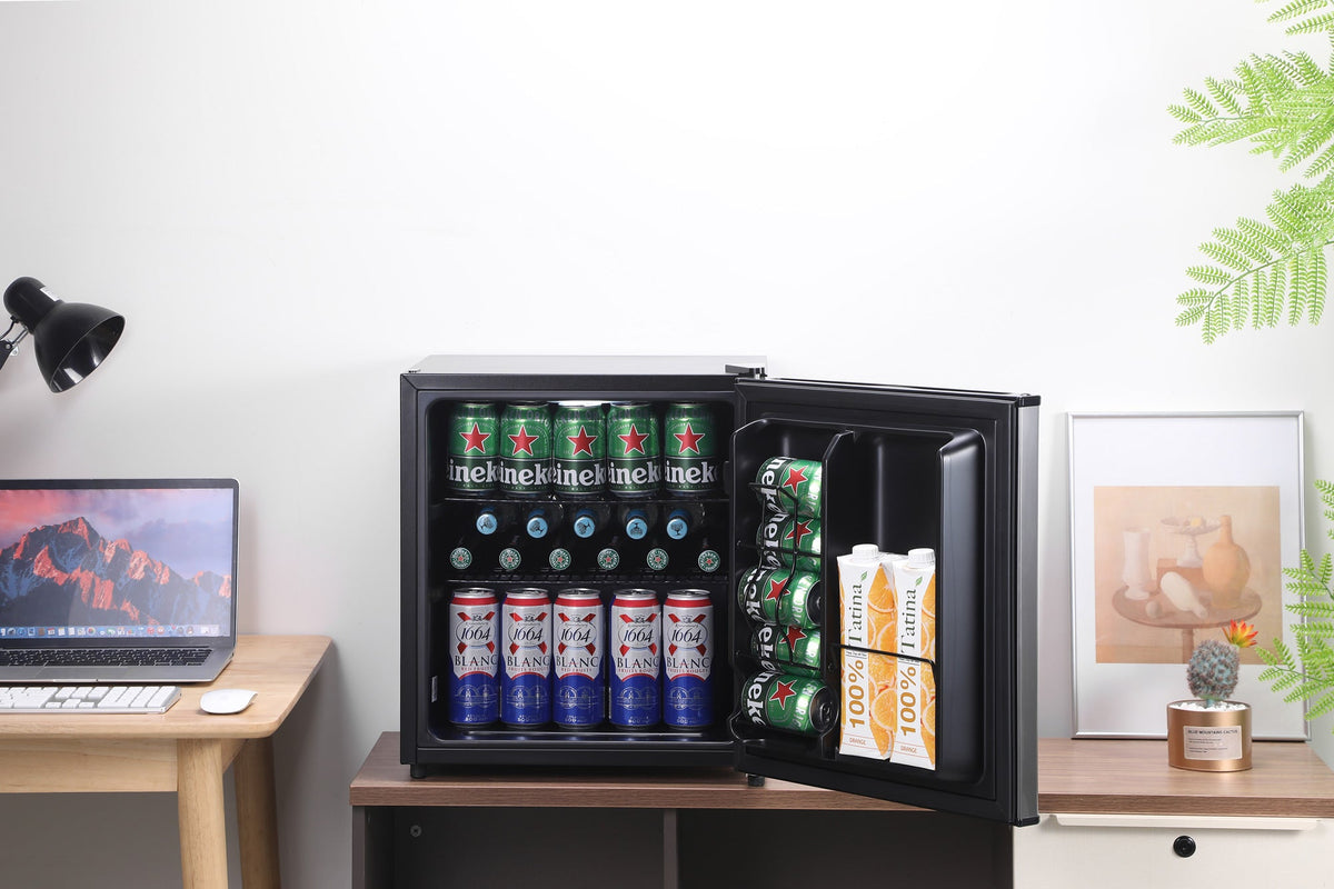 Black beer fridge with open door showing bottles and a row of drinks